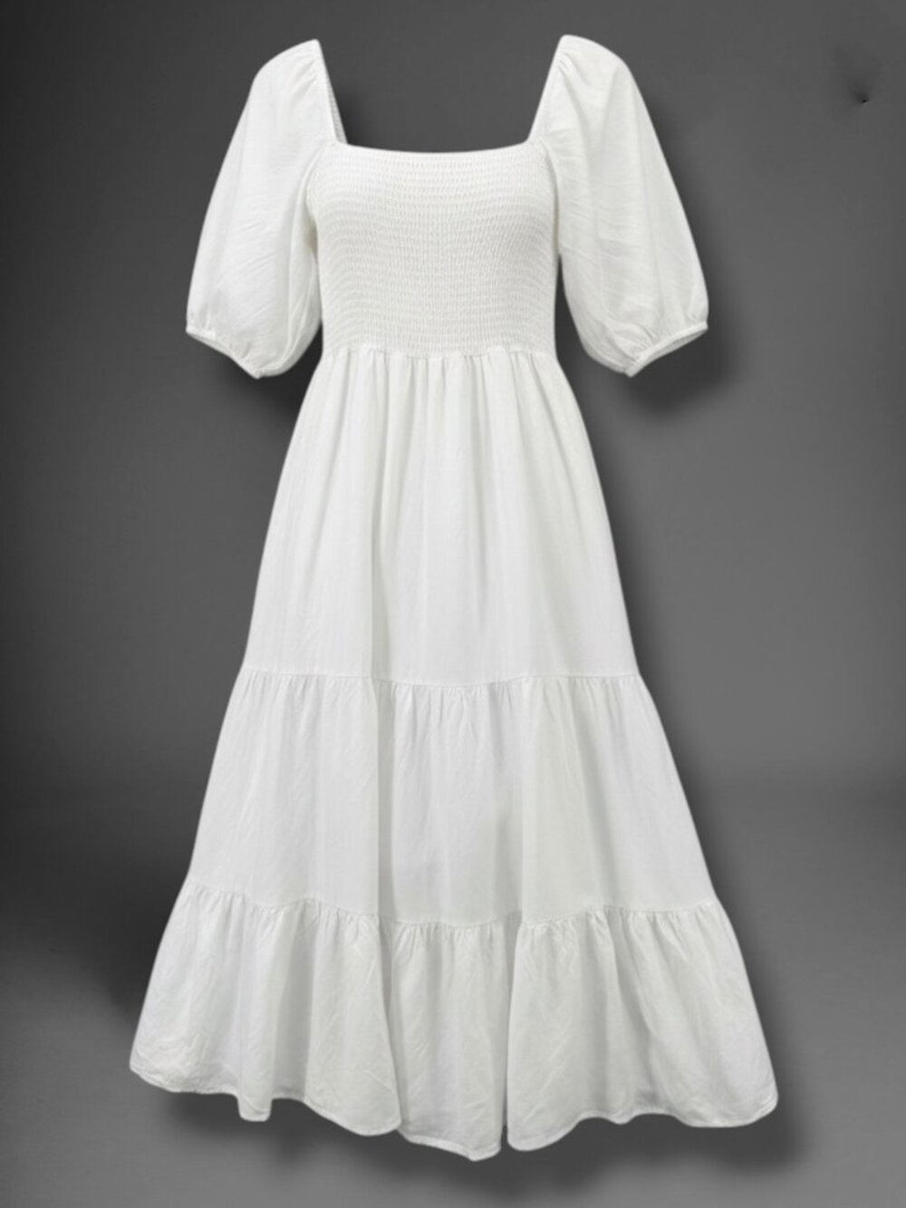 OPT White Smocked‎ Puff Sleeve Tiered Ruffle Dress XS